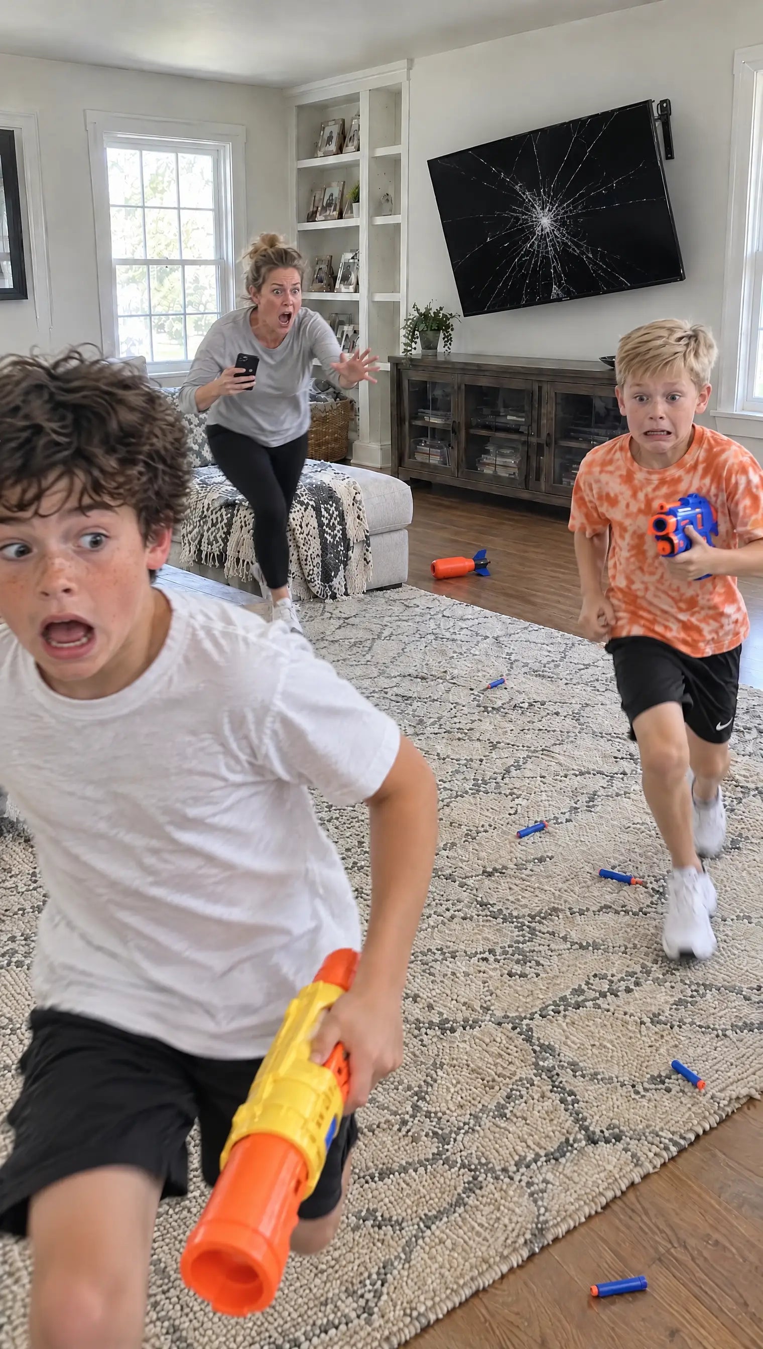 A foam rocket has cracked the TV, which hangs off its bracket while the kids run
